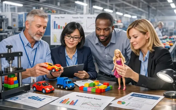 Professional Team Reviewing Toy Manufacturing Process With Colorful Prototypes, Safety Testing And Design Charts In A Modern Factory Setting