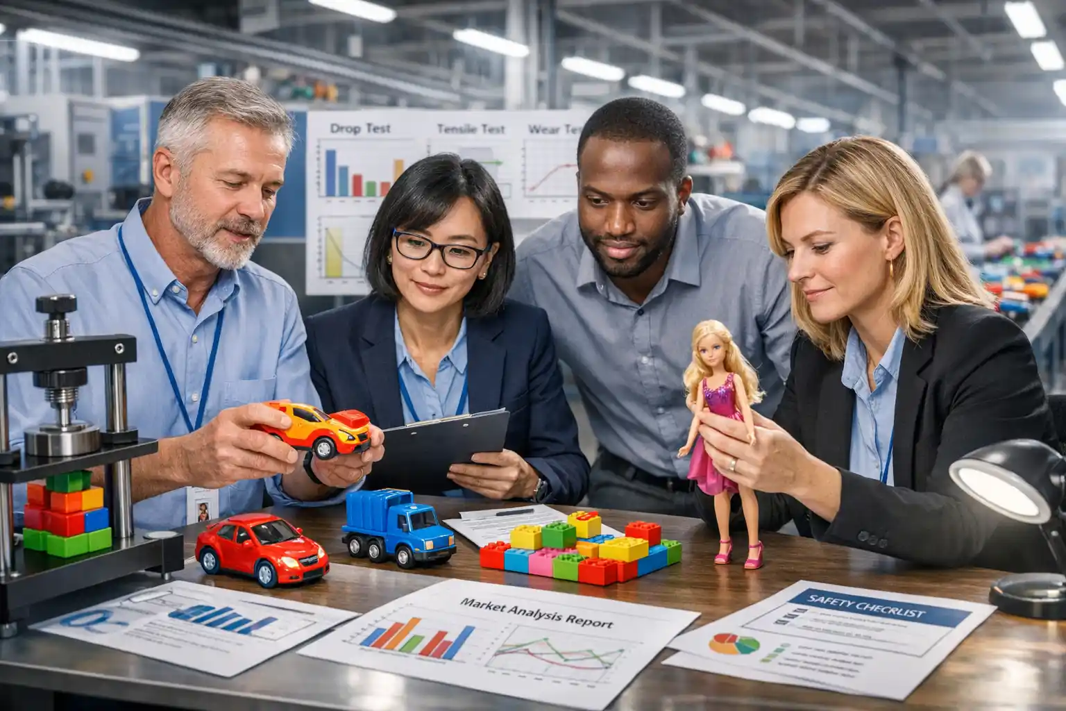 Professional team reviewing toy manufacturing process with colorful prototypes, safety testing and design charts in a modern factory setting
