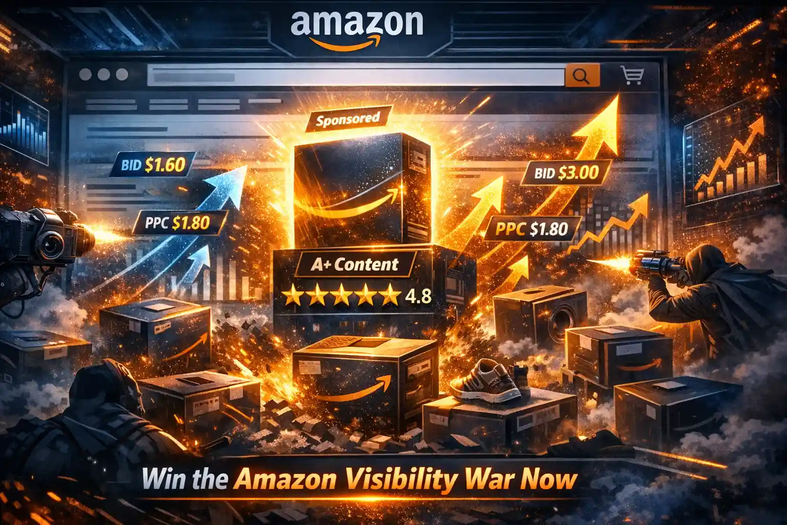Brands fiercely competing for top visibility on Amazon search results with PPC ads, A+ Content, reviews, and sponsored products highlighted