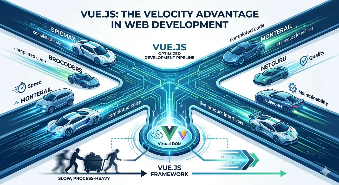 infographic illustration titled 'VUE.JS: THE VELOCITY ADVANTAGE IN WEB DEVELOPMENT.' A central diagram represents the 'VUE.JS FRAMEWORK,' featuring icons for the 'Virtual DOM' and 'Vite.' From this core, branching glowing digital pipelines spread outwards, labeled 'VUE.JS OPTIMIZED DEVELOPMENT PIPELINE.' Six sleek, futuristic sports cars, representing development companies, are shown racing along these pipelines. On the left side, three cars are labeled 'EPICMAX,' 'BROCODERS,' and 'MONTERAIL.' On the right side, three cars are labeled 'NETGURU,' 'VUEFORM,' and 'RAILSWARE.' The cars are moving fast, leaving glowing trails and generating bubbles labeled 'completed code' and 'live product interfaces.' A speedometer icon indicates 'Speed,' a checkmark within a shield indicates 'Quality,' and a gear icon indicates 'Maintainability.' Below the central framework, an arrow graphic illustrates a comparison, contrasting 'SLOW, PROCESS-HEAVY' methods (represented by two blurred silhouettes pushing a heavy cart) with the streamlined Vue.js process. The overall composition is dynamic, using cool blues, teals, and accents of green in a digital, high-tech style.