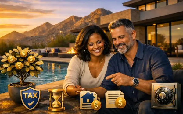 Key Benefits Of Wealth Management Services In Scottsdale For Growing Wealth – Professional Couple Reviewing Personalized Financial Growth Plan With Scottsdale Desert Backdrop