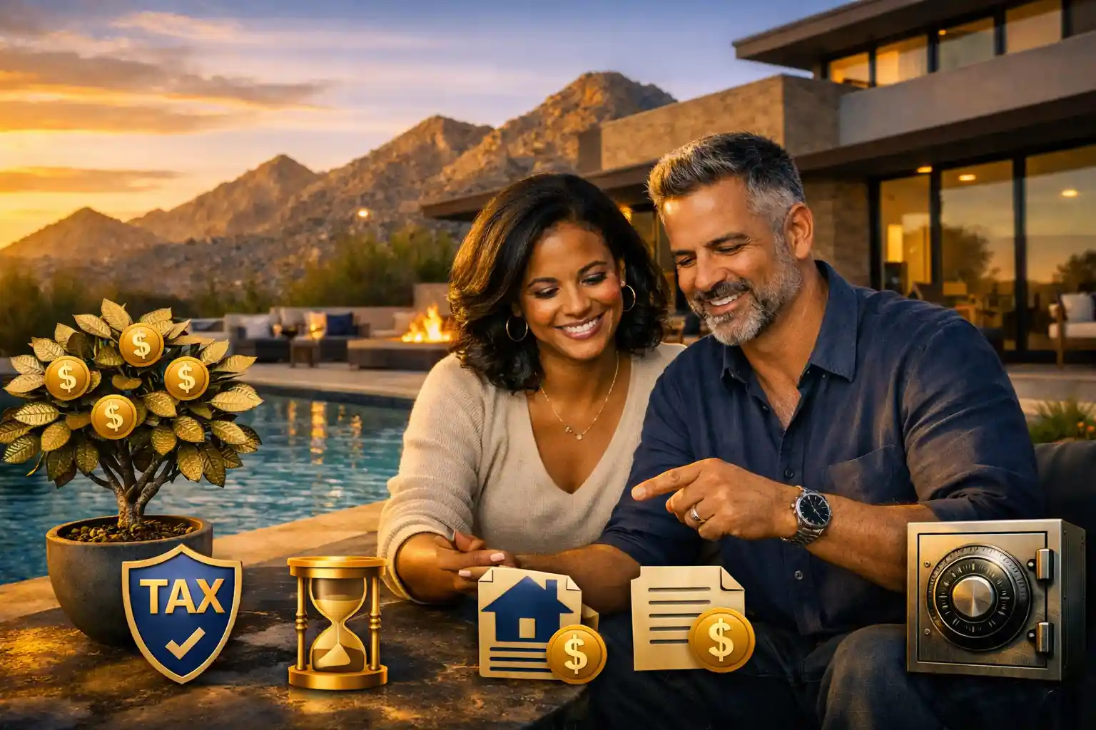 Key benefits of wealth management services in Scottsdale for growing wealth – professional couple reviewing personalized financial growth plan with Scottsdale desert backdrop