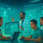 Diverse Software Development Team Working On Healthcare Software Interfaces In A Modern Tech Lab, Blending Medical And Digital Elements.