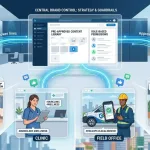 Infographic Illustrating An Enterprise Social Media Management System. A Central Corporate Dashboard Titled &Quot;Central Brand Control: Strategy &Amp; Guardrails&Quot; Is Connected By Glowing Blue Light Trails, Representing &Quot;Approved Assets,&Quot; To Four Different Local Business Scenarios: Retail (A Clothing Store Associate), Clinic (A Medical Professional), Field Office (A Field Technician), And Franchise (A Café Worker). Each Person Holds A Device Displaying A Localized Social Media Post (With Hashtags Like #Mylocalshop Or #Ourclinic). Floating Social Media Icons Indicate &Quot;Local Engagement&Quot; And &Quot;Community.&Quot; The Background Includes Abstract Cityscapes And Office Spaces.