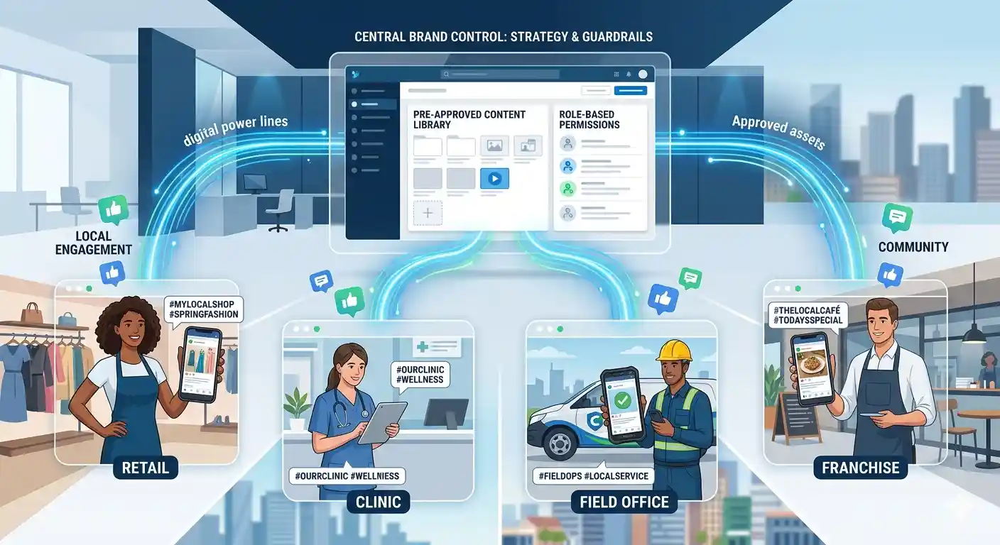 infographic illustrating an enterprise social media management system. A central corporate dashboard titled "Central Brand Control: Strategy & Guardrails" is connected by glowing blue light trails, representing "Approved assets," to four different local business scenarios: Retail (a clothing store associate), Clinic (a medical professional), Field Office (a field technician), and Franchise (a café worker). Each person holds a device displaying a localized social media post (with hashtags like #MYLOCALSHOP or #OURCLINIC). Floating social media icons indicate "Local Engagement" and "Community." The background includes abstract cityscapes and office spaces.