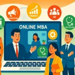 Vibrant Illustration Of Online Mba Specialisations In India With Icons For Marketing, Finance, Hr, Healthcare, Data Analytics, And Operations, Surrounded By Diverse Professionals Learning Via Laptop.