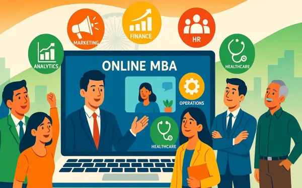 Vibrant Illustration Of Online Mba Specialisations In India With Icons For Marketing, Finance, Hr, Healthcare, Data Analytics, And Operations, Surrounded By Diverse Professionals Learning Via Laptop.