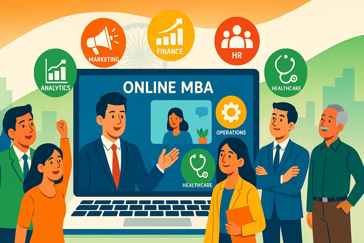 Vibrant illustration of online MBA specialisations in India with icons for marketing, finance, HR, healthcare, data analytics, and operations, surrounded by diverse professionals learning via laptop.