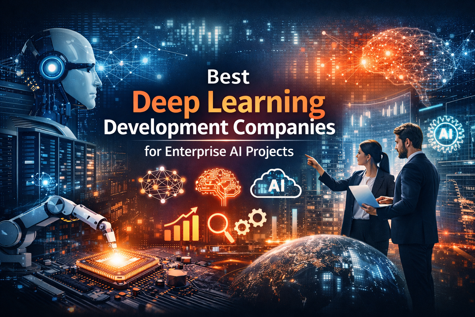 Best deep Learning development companies for enterprise AI projects with futuristic AI technology, data analytics, and business professionals