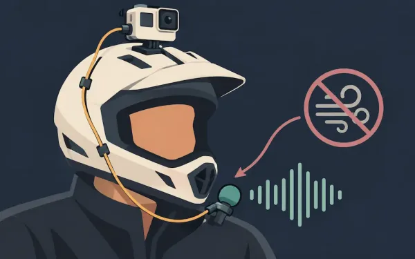 Illustration Of A Helmet-Mounted Action Camera Connected To A Clip-On Lavalier Microphone, With Sound Waves Contrasted Against A Crossed-Out Wind Icon
