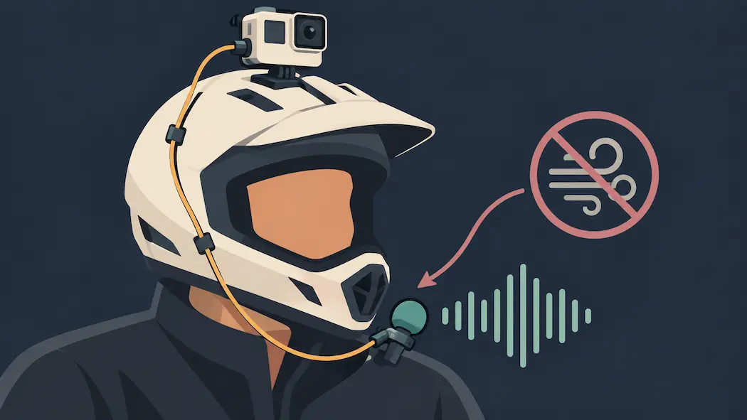 Best Action Camera Microphone Attachments: A Practical Guide 1 Illustration Of A Helmet-Mounted Action Camera Connected To A Clip-On Lavalier Microphone, With Sound Waves Contrasted Against A Crossed-Out Wind Icon