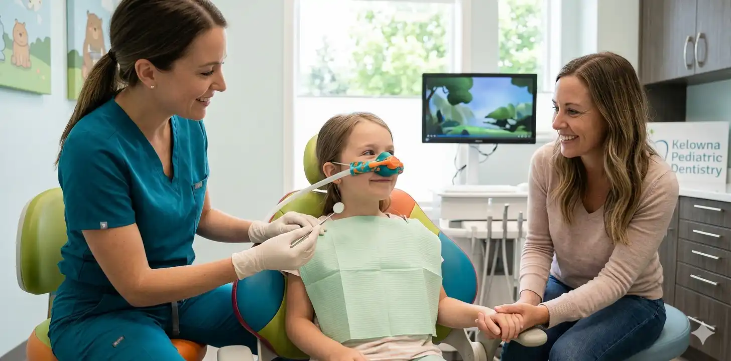 Happy child receiving nitrous oxide sedation during a calm dental visit in Kelowna clinic