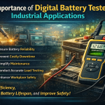 Digital Battery Tester Measuring Industrial Battery Performance In A Factory Environment With Machinery And Power Systems.