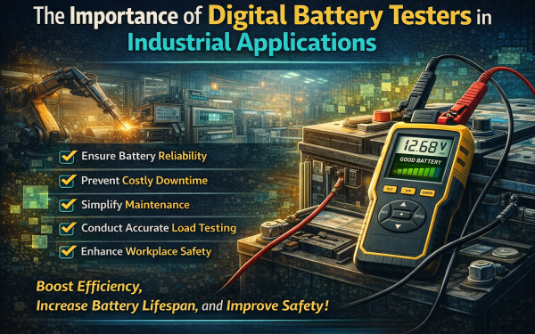 Digital Battery Tester Measuring Industrial Battery Performance In A Factory Environment With Machinery And Power Systems.