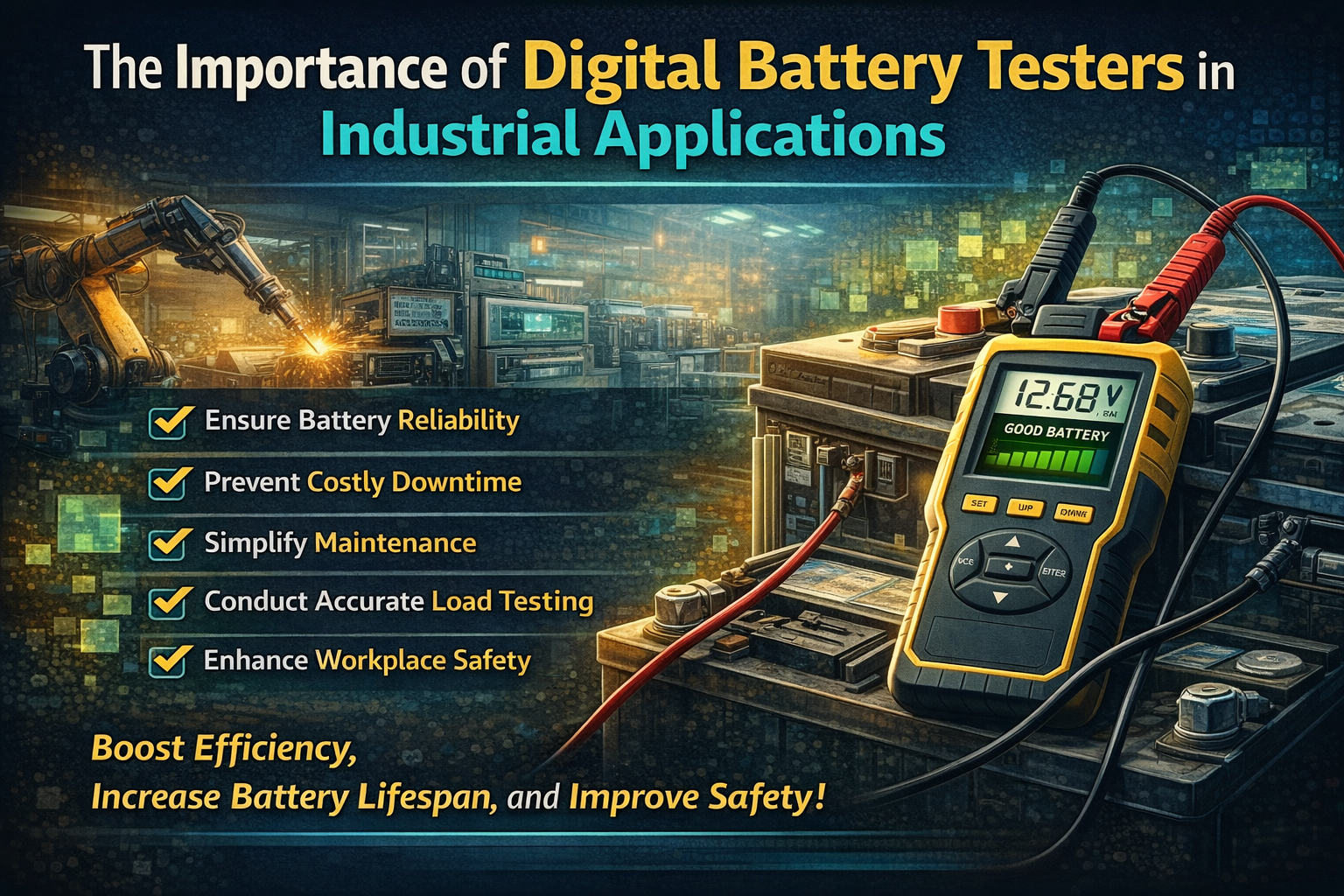 Digital battery tester measuring industrial battery performance in a factory environment with machinery and power systems.