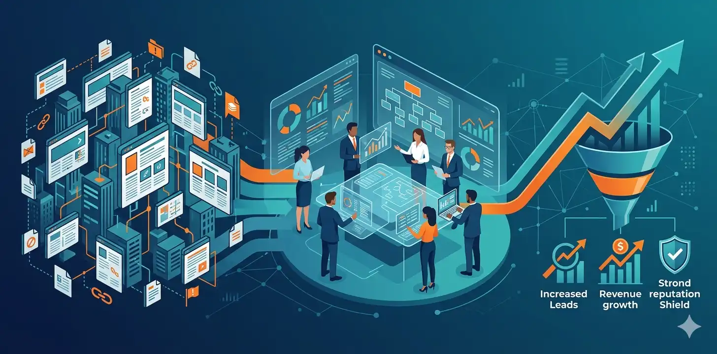 Diverse enterprise SEO team analyzing complex website architecture and performance dashboards, with growth arrows, sales funnel, and icons for increased leads, revenue growth, and strong reputation shield.