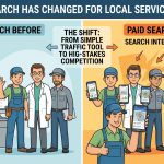 Infographic Comparing Paid Search Strategies Before And Now For Local Service Businesses, Showing The Shift From Simple Keyword Ads To High-Stakes, Intent-Driven Mobile Competition