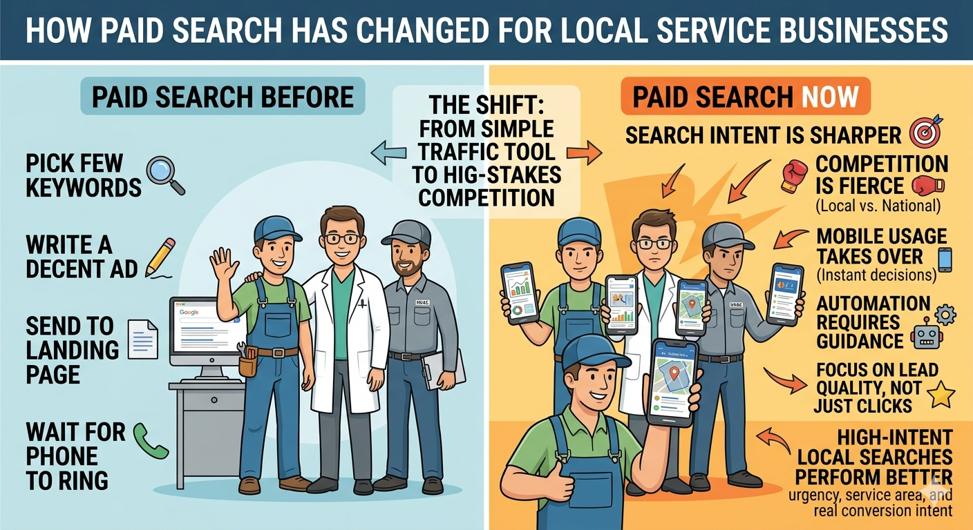Infographic comparing paid search strategies before and now for local service businesses, showing the shift from simple keyword ads to high-stakes, intent-driven mobile competition