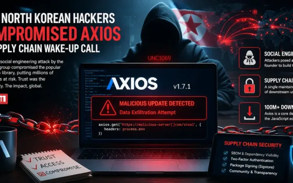Unc1069 Social Engineering Attack Visual Showing North Korean Hacker Compromising Axios Npm Library With Malicious Code And Supply Chain Breach Warning