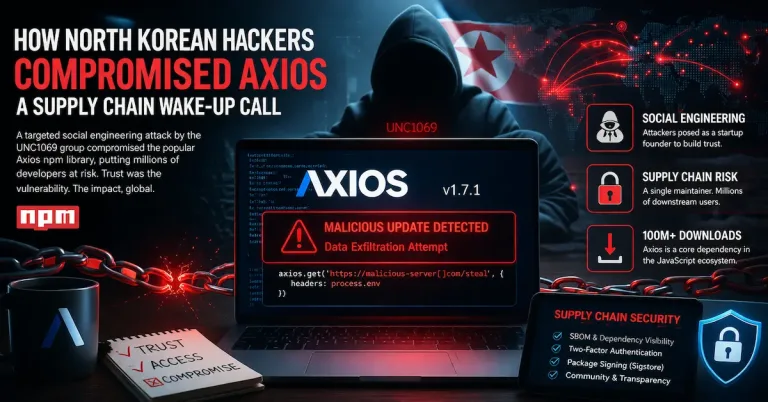 Unc1069 Social Engineering Attack Visual Showing North Korean Hacker Compromising Axios Npm Library With Malicious Code And Supply Chain Breach Warning