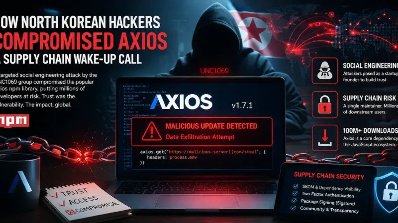 Unc1069 Social Engineering Attack Visual Showing North Korean Hacker Compromising Axios Npm Library With Malicious Code And Supply Chain Breach Warning