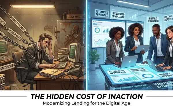 This Illustration Is Split In Half. On The Left, A Frustrated Office Worker Is Surrounded By Stacks Of Paper And Old Computers. He Is Literally Chained Down By Heavy Metal Chains Labeled &Quot;Manual Compliance,&Quot; &Quot;Security Risks,&Quot; And &Quot;Productivity Drain,&Quot; Representing The Burdens Of Legacy Infrastructure. The Room Is Dark And Outdated. On The Right, A Smiling, Modern Business Team Uses Advanced Technology. They Are Surrounded By Smooth, Glowing Interfaces That Say &Quot;Automated Approvals,&Quot; &Quot;Real-Time Analytics,&Quot; And &Quot;Seamless Borrower Experience,&Quot; Representing A Modern Digital Lending Platform. Their Office Is Bright And High-Tech.