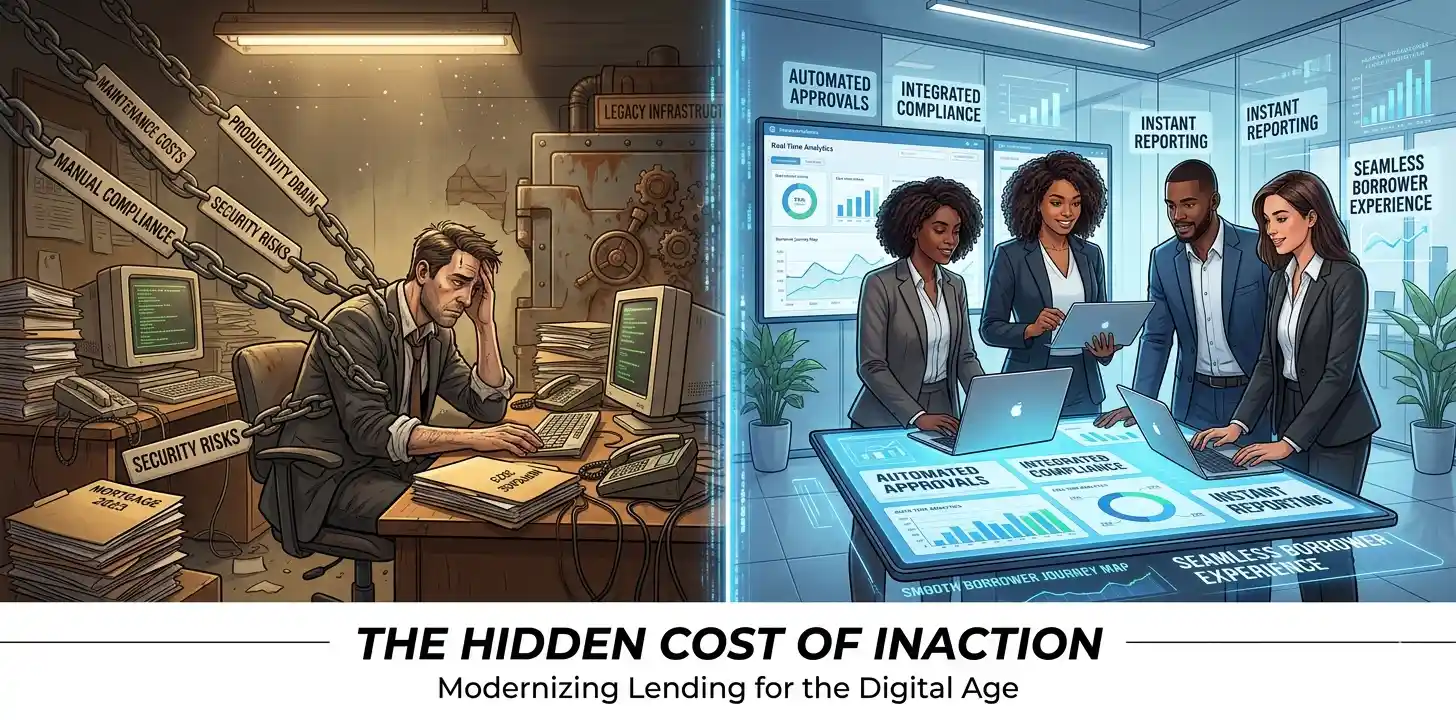 This illustration is split in half. On the left, a frustrated office worker is surrounded by stacks of paper and old computers. He is literally chained down by heavy metal chains labeled "Manual Compliance," "Security Risks," and "Productivity Drain," representing the burdens of legacy infrastructure. The room is dark and outdated. On the right, a smiling, modern business team uses advanced technology. They are surrounded by smooth, glowing interfaces that say "Automated Approvals," "Real-Time Analytics," and "Seamless Borrower Experience," representing a modern digital lending platform. Their office is bright and high-tech.