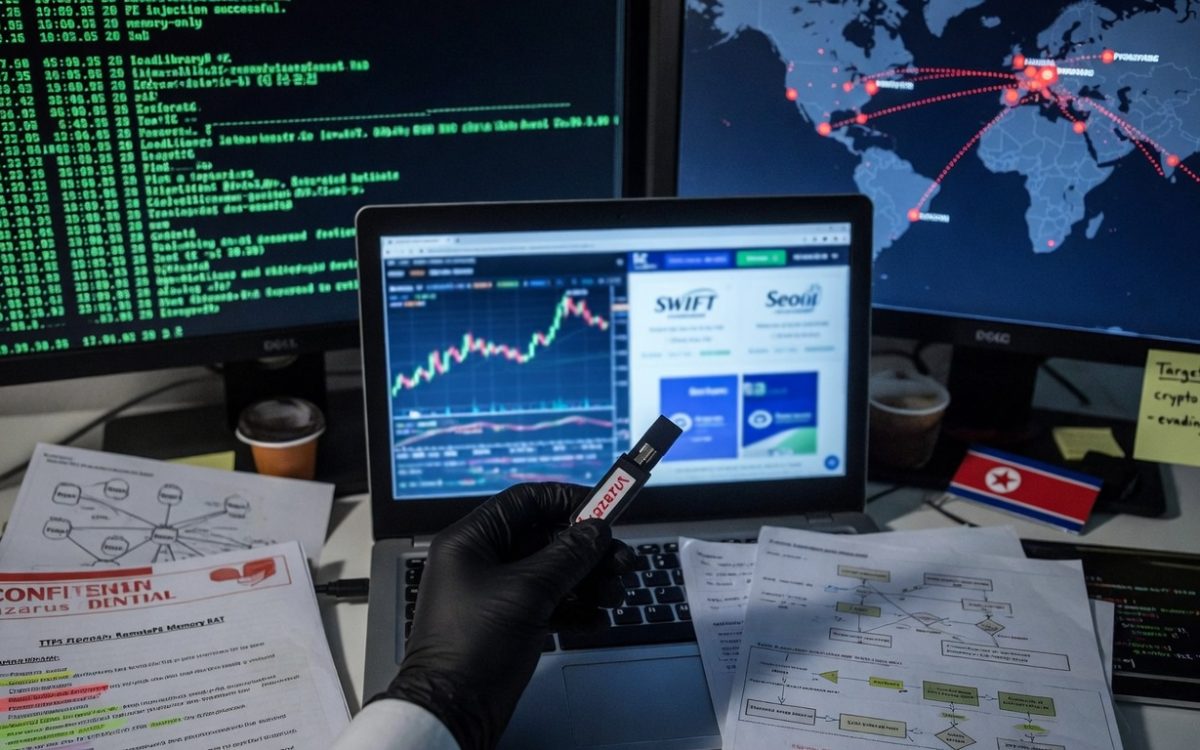 Lazarus Deploys Stealthy Remotepe Rat Against Finance Sector 1 Illustration Of Cyber Attack With Binary Code Overlay Targeting Financial Institutions