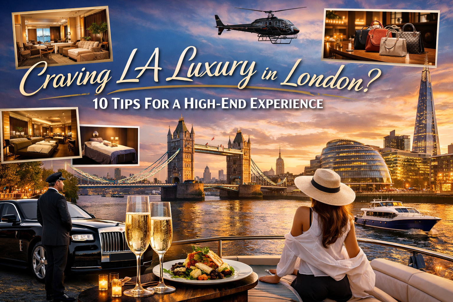 Luxury London experience with yacht, Rolls-Royce, champagne, fine dining, and skyline views inspired by LA lifestyle