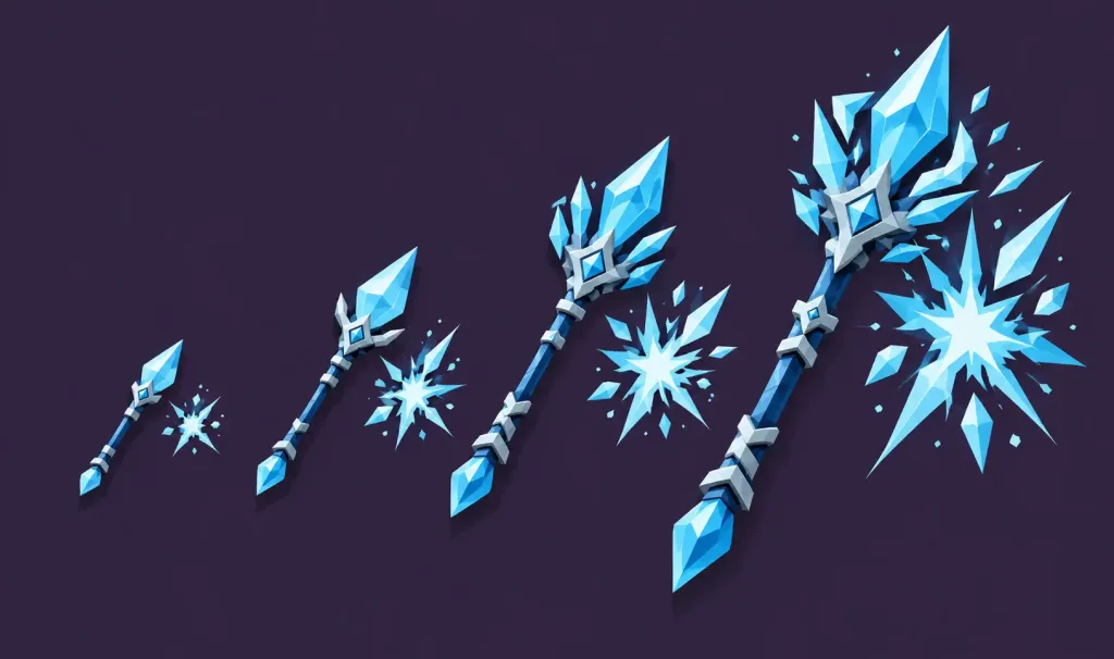 Code For Ice Staff: Skyrim Console Command Guide 3 Illustration Of Four Frost Staves Of Increasing Size, Representing The Tier Progression From Staff Of Frostbite To Staff Of Icy Spear