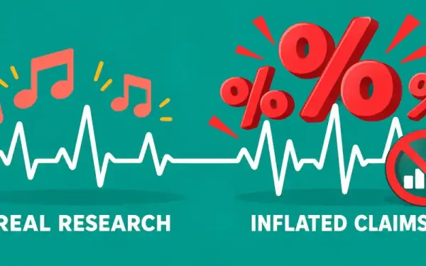 Illustration Of A Heartbeat Line Contrasting Real Research Music Notes On One Side With Crossed-Out Inflated Percentage Claims On The Other
