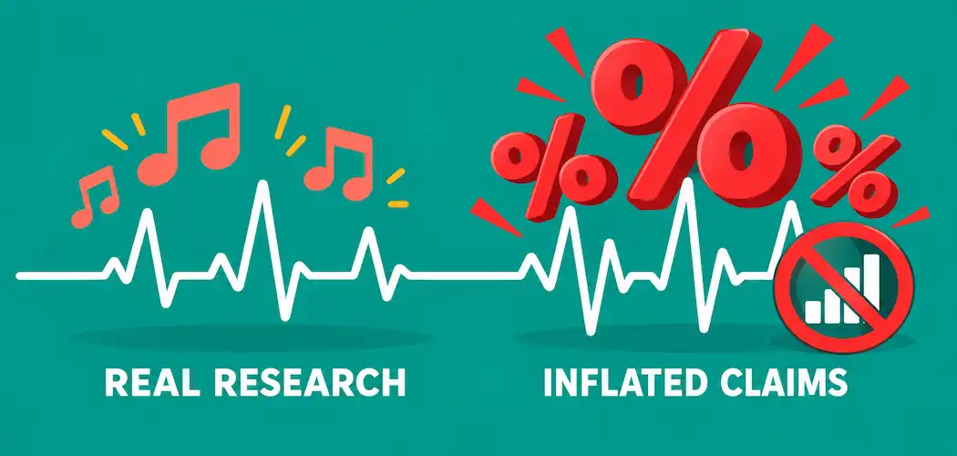 Illustration Of A Heartbeat Line Contrasting Real Research Music Notes On One Side With Crossed-Out Inflated Percentage Claims On The Other