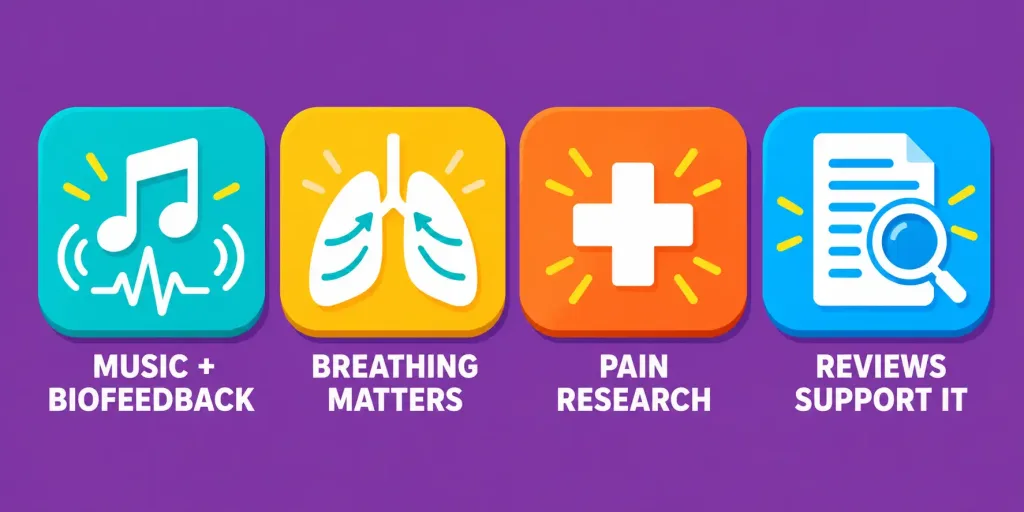 Heartbeat-Synced Music: What The Real Research Actually Shows 2 Illustration Of Four Labeled Badges Representing Real Research Findings: Music Plus Biofeedback Synergy, The Independent Role Of Breathing, Clinical Pain Research, And Systematic Review Support
