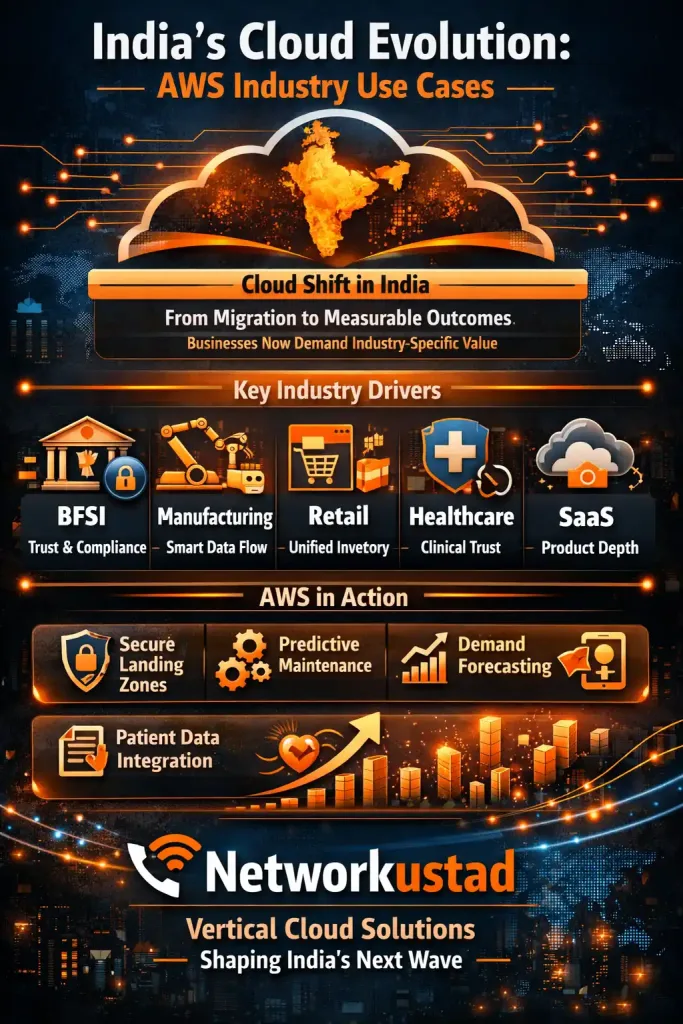 Aws Cloud Adoption In India: Why Industry Use Cases Will Decide The Next Phase 2 Aws India Infographic Showing Cloud Adoption Across Bfsi, Manufacturing, Retail, Healthcare, And Saas Sectors With Orange‑Blue Tech Visuals And Networkustad Branding.