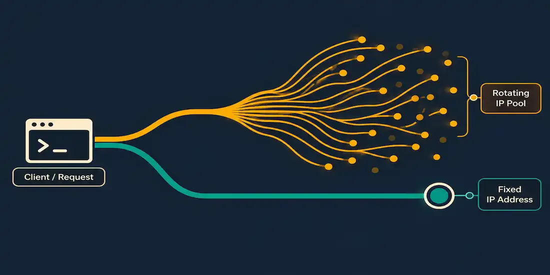 How To Choose Proxy Ips For Data Acquisition: A Decision Framework 1 Illustration Of A Single Request Splitting Into A Scattered Rotating Path And A Single Steady Fixed Path, Representing Active Versus Static Proxy Choice