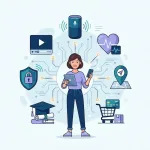 Illustration Of Real-World Ai Applications Across Everyday Life — Voice Assistants, Healthcare, Navigation, Shopping, And Security.