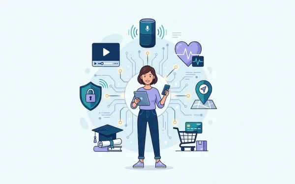 Illustration Of Real-World Ai Applications Across Everyday Life — Voice Assistants, Healthcare, Navigation, Shopping, And Security.