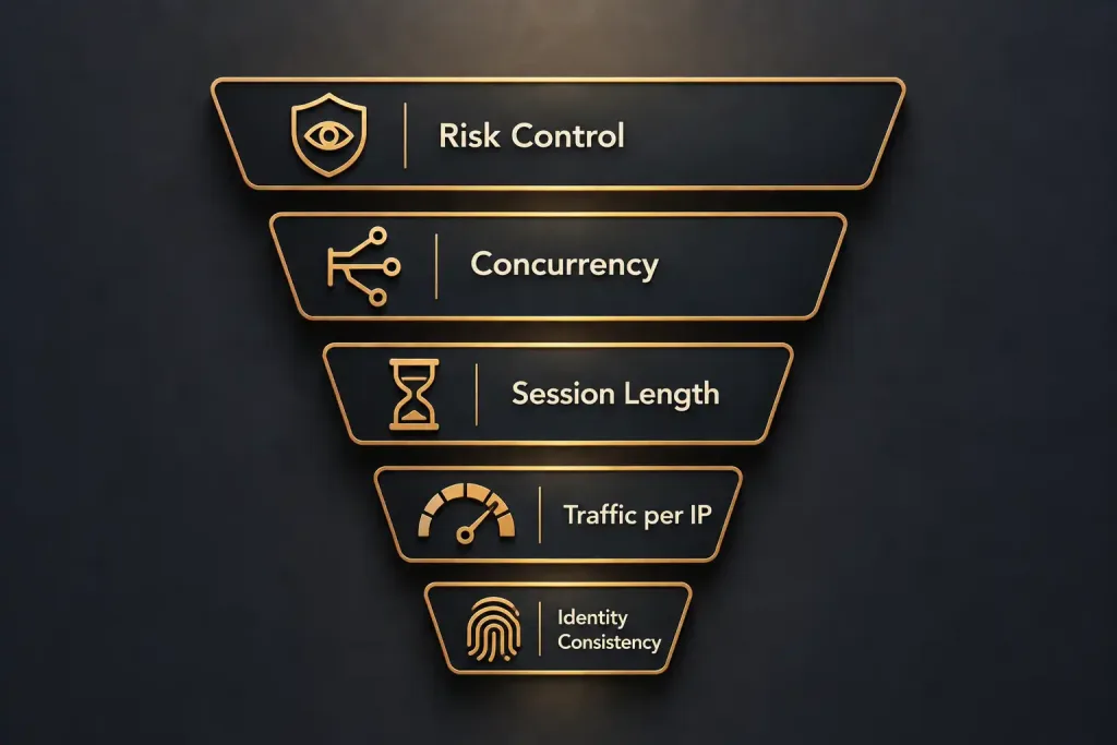 How To Choose Proxy Ips For Data Acquisition: A Decision Framework 2 Illustration Of Five Stacked Decision Gates Representing Risk Control, Concurrency, Session Length, Traffic Per Ip, And Identity Consistency