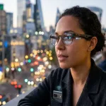 A Person Wearing Modern Ai Smart Glasses With A Glowing Digital Interface Showing Navigation Arrows, Translated Text, And Icons Floating Above The Lenses Against A Blurred City Background At Sunset.