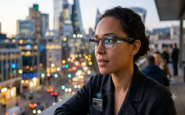 A Person Wearing Modern Ai Smart Glasses With A Glowing Digital Interface Showing Navigation Arrows, Translated Text, And Icons Floating Above The Lenses Against A Blurred City Background At Sunset.