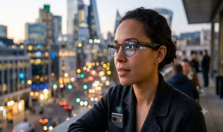 A Person Wearing Modern Ai Smart Glasses With A Glowing Digital Interface Showing Navigation Arrows, Translated Text, And Icons Floating Above The Lenses Against A Blurred City Background At Sunset.