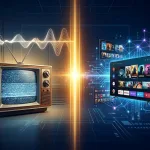 Abstract Illustration Of Converged Tv Merging Linear Broadcast With Ott And Ctv Digital Streaming For Unified Ad Sales.