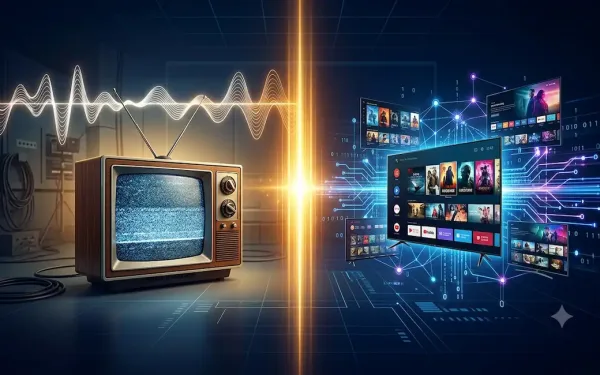 Abstract Illustration Of Converged Tv Merging Linear Broadcast With Ott And Ctv Digital Streaming For Unified Ad Sales.