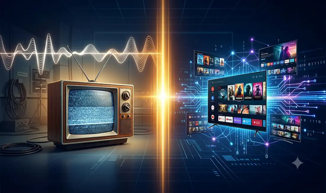 Converged Monetization: How Next-Gen Broadcast Management Software Unifies Linear And Ott Ad Sales 1 Abstract Illustration Of Converged Tv Merging Linear Broadcast With Ott And Ctv Digital Streaming For Unified Ad Sales.
