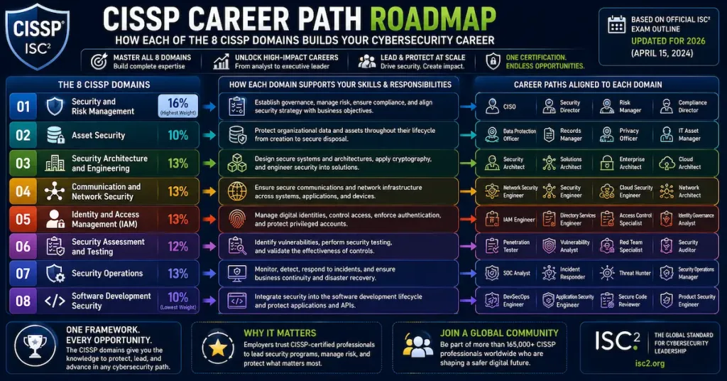 Understanding Security Domains: A Complete Guide To The 8 Cissp Domains 4 Cissp Career Path Roadmap Infographic Illustrating How The Eight Cissp Domains Prepare Professionals For Cybersecurity Careers Including Ciso, Security Architect, Soc Analyst, Iam Engineer, Cloud Security Engineer, Devsecops Engineer, And Security Manager.
