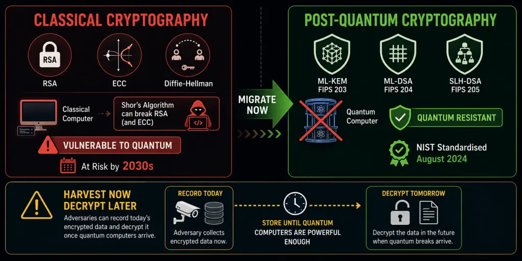 Cryptography Fundamentals: How Encryption Actually Protects Your Data 5 Comparison Infographic Showing Classical Cryptography Algorithms Rsa And Ecc Vulnerable To Quantum Computers Versus Nist Post-Quantum Standards Ml-Kem Ml-Dsa Slh-Dsa