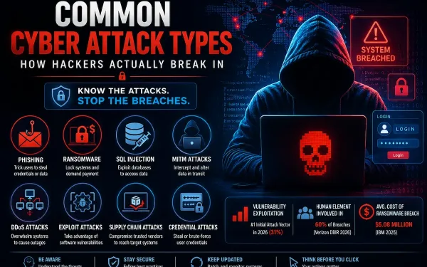 Featured Illustration Showing Common Cyber Attack Types Including Phishing, Ransomware, Sql Injection, Ddos Attacks, Mitm Attacks, Exploit Attacks, Supply Chain Attacks, And Credential Attacks With A Hacker And Cybersecurity Dashboard.