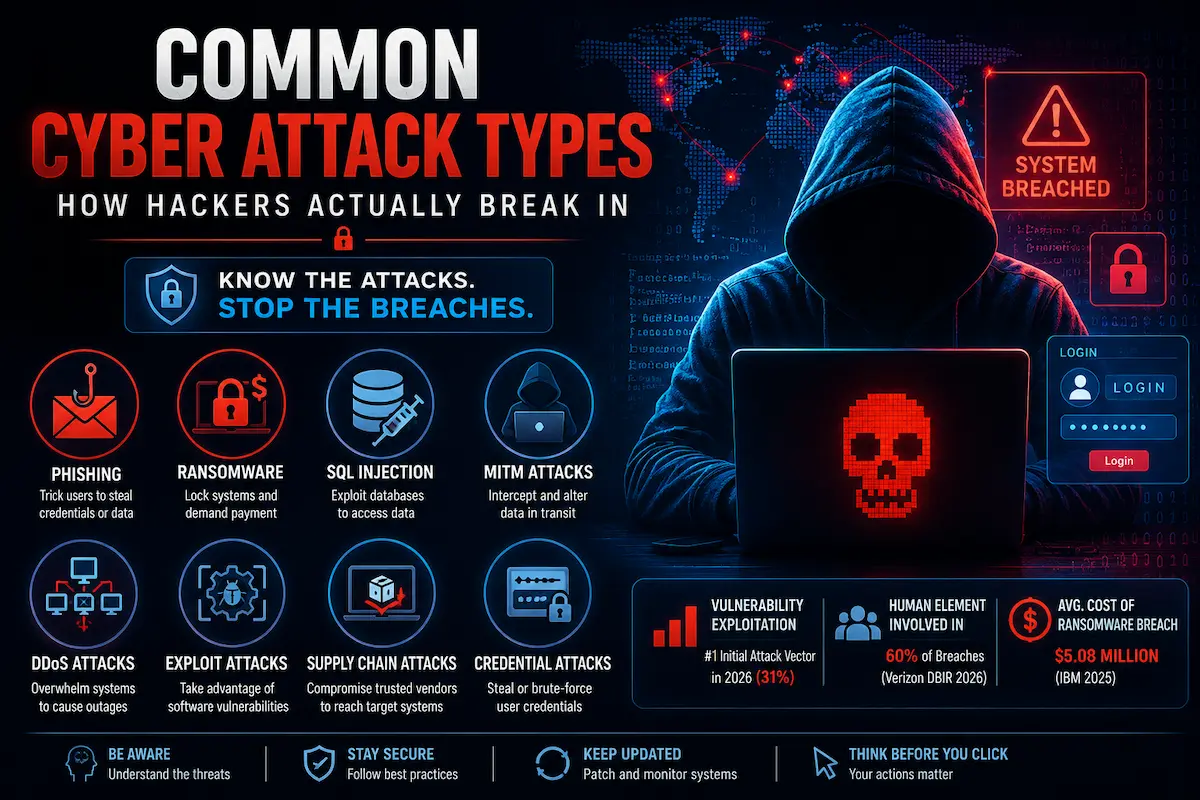 Featured Illustration Showing Common Cyber Attack Types Including Phishing, Ransomware, Sql Injection, Ddos Attacks, Mitm Attacks, Exploit Attacks, Supply Chain Attacks, And Credential Attacks With A Hacker And Cybersecurity Dashboard.