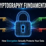 Cryptography Fundamentals Illustration Showing Symmetric And Asymmetric Encryption Key Pairs With A Padlock Formed From Binary Code