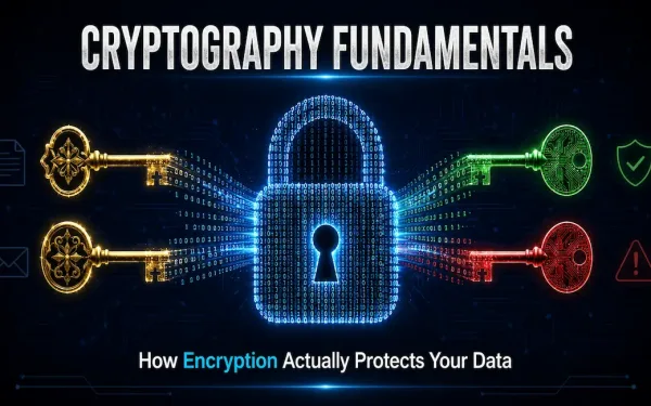 Cryptography Fundamentals Illustration Showing Symmetric And Asymmetric Encryption Key Pairs With A Padlock Formed From Binary Code